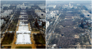 Слева - количество людей, которые пришли участвовать на инаугурацию нового президента США Дональда Трампа 20 января 2017 года. Справа - кто участвовал в инаугурации президента Барака Обамы 20 января 2009 года. 