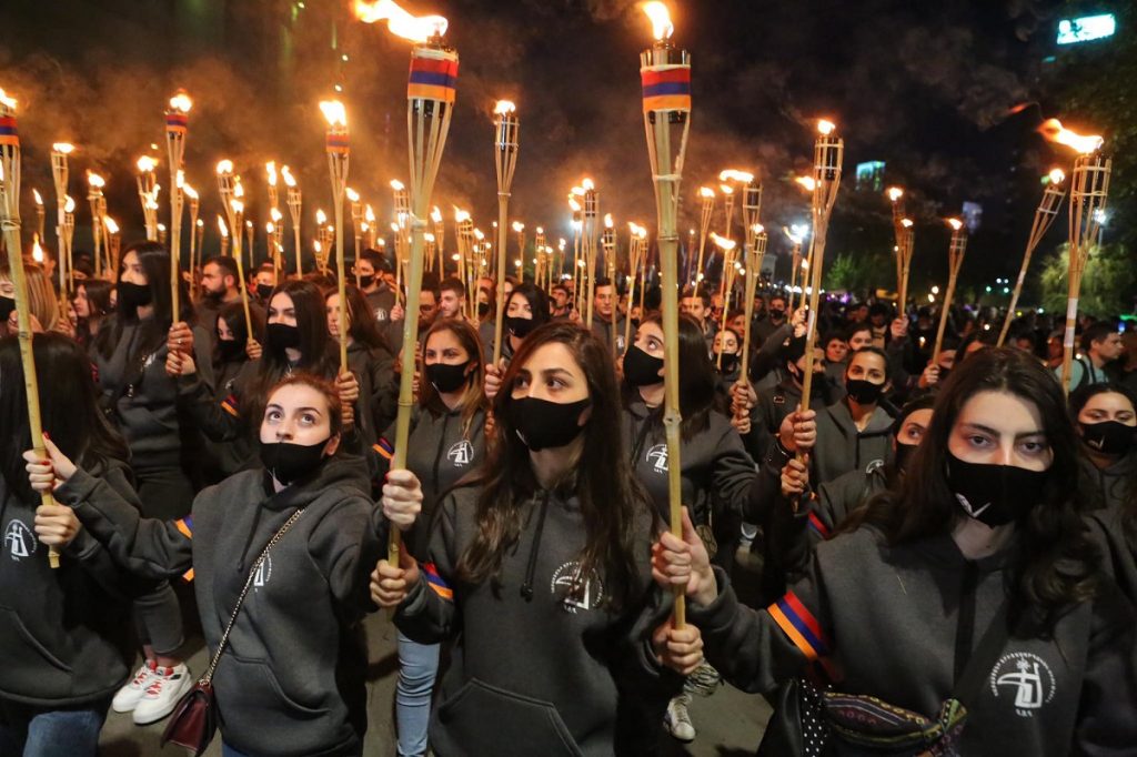 Yerevan, April 23, 2021. Traditional torchlight procession on the eve of the Day of Remembrance of the Victims of Genocide. JAMnews photo