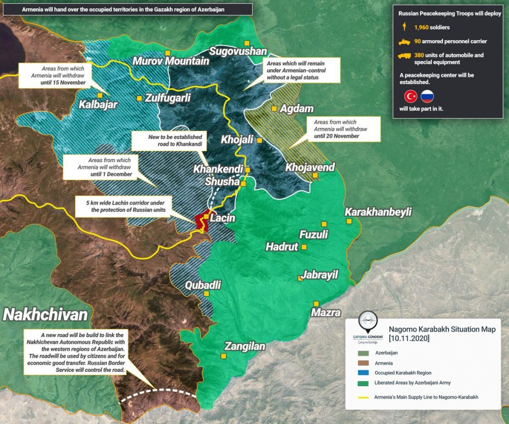 Terms of the Karabakh truce corridors, boundaries and peacekeepers
