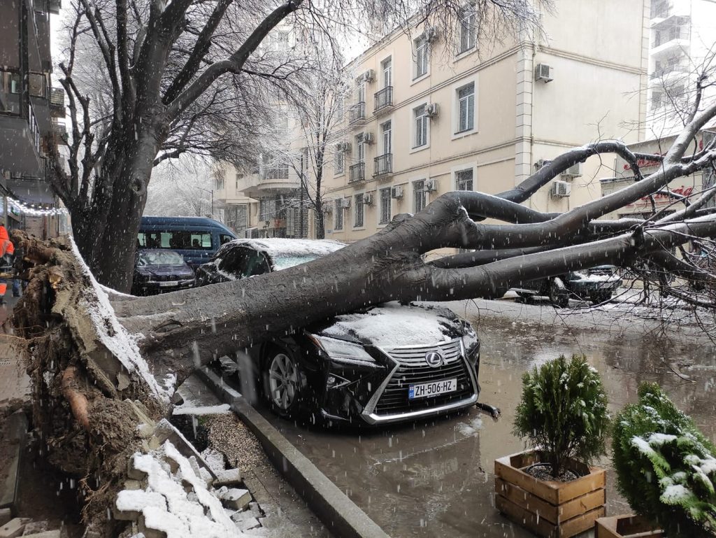 Паралич дороги и инциденты последовали, когда начался снегопад в Тбилиси. Пострадало 26 машин, упали деревья. Сломанные ветки деревьев повредили провода