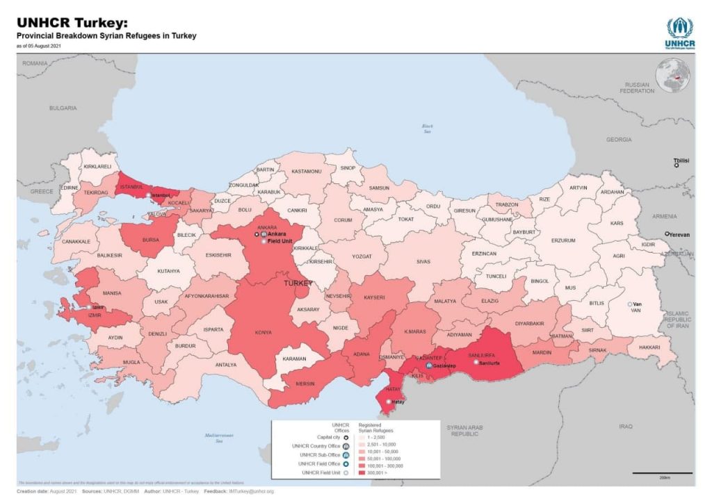 სირიელი დევნილების სიმჭიდროვის რუკა პროვინციების მიხედვით თურქეთში, გაეროს უმაღლესი კომისარიატის 2021 წლის 5 აგვისტოს მონაცემებით. სირიელი და ავღანელი დევნილები თურქეთში 