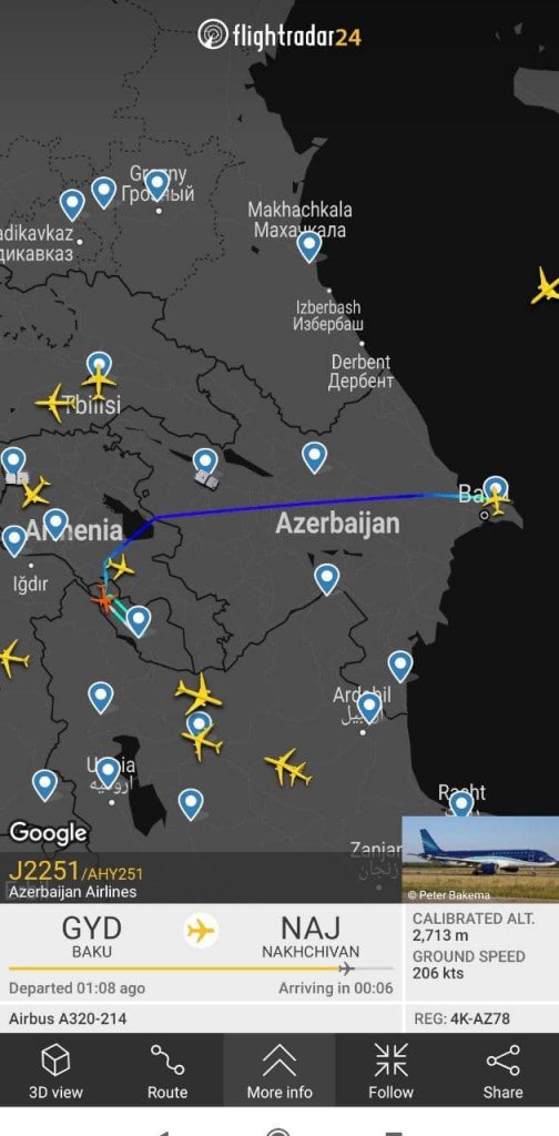 Բաքու-Նախիջևան չվերթ Հայաստանի օդային տարածքով
