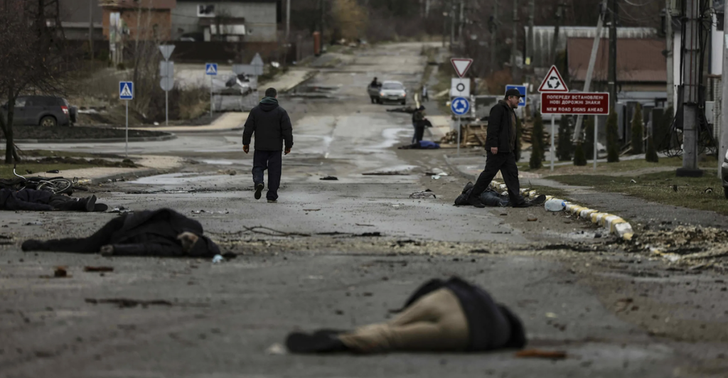 უკრაინა. კიევის რეგიონის ქალაქ ბუჩასა და სხვა დასახლებებში, მშვიდობიანი მოსახლეობის მასობრივი მკვლელობები, რუსული ჯარების მიერ მათი ოკუპაციის დროს.  Ronaldo Schemidt / AFP / Scanpix / LETA