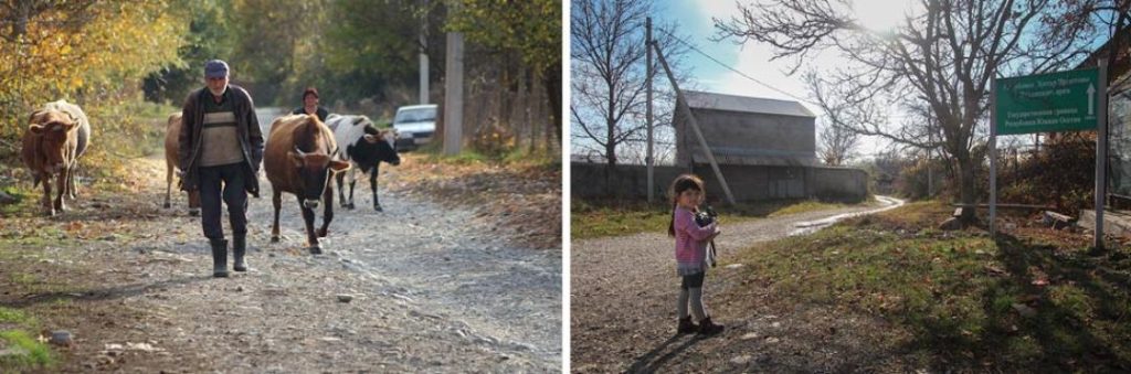 On the South Ossetian side of the line, (left) a farmer walks with his cows and (right) a girl stands by a sign warning about crossing into Georgian-controlled territory. Zarina Sanakoeva