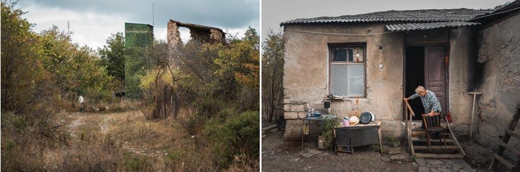 Слева: Российская сторожевая вышка рядом с домом Норы. Справа: Нора перед своим домом. CRISIS GROUP/ Jorge Gutierrez Lucena