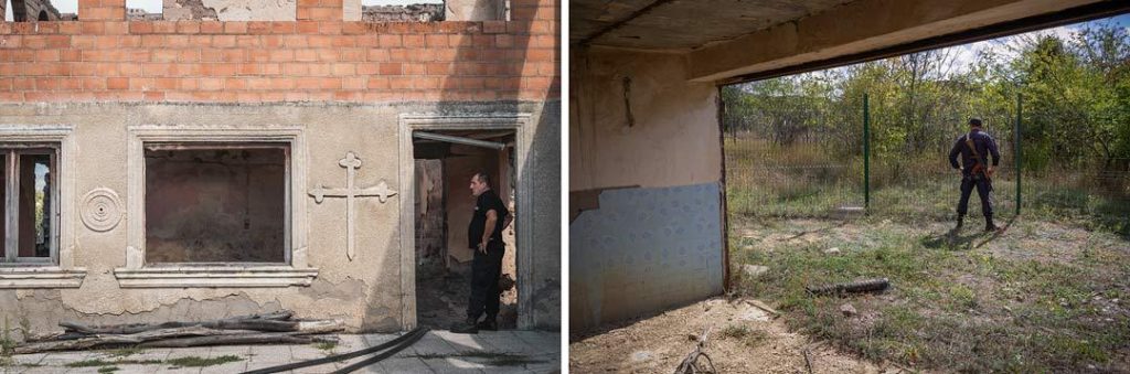 Members of the military police stand at the line of separation, near the burnt remains of a house in Gugutiantkari. CRISIS GROUP/ Jorge Gutierrez Lucena & Michelle Malaney