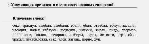 Скриншот из документа «Ключевые слова-оскорбления» от 14 сентября 2022 года / Медиазона