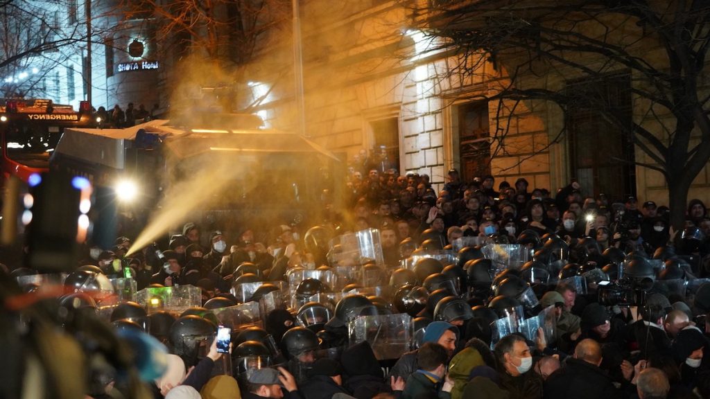 On March 7, tens of thousands took to the streets after news came that parliament had passed the bill against the law on foreign agents on first reading. People were dispersed by spraying gas and water cannons. Photo: JAMnews/Davil Pipia