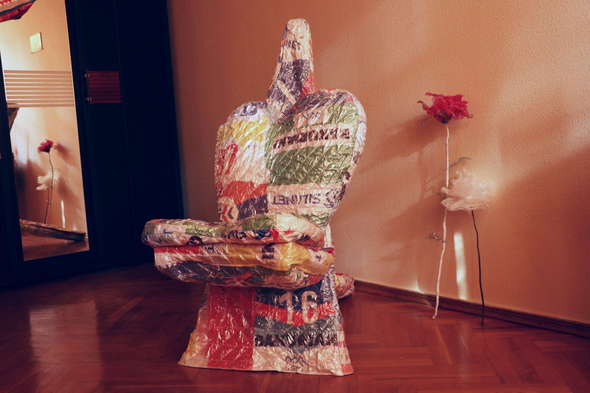 A chair made from trash. Photo: Nino Memanishvili/JAMnews. Eka Asatiani / Plasticwatcher.ge