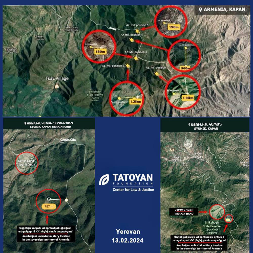 Карта, опубликованная на странице Татояна в Facebook, с пояснениями, где расположены азербайджанские позиции внутри территории Армении 13.02.2024