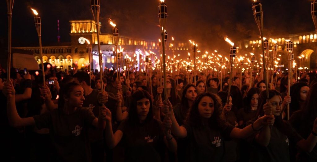 The traditional torchlight procession of youth in Yerevan, held in the evening on the eve of the Day of Remembrance for the victims of the genocide. Armenian genocide 109th anniversary