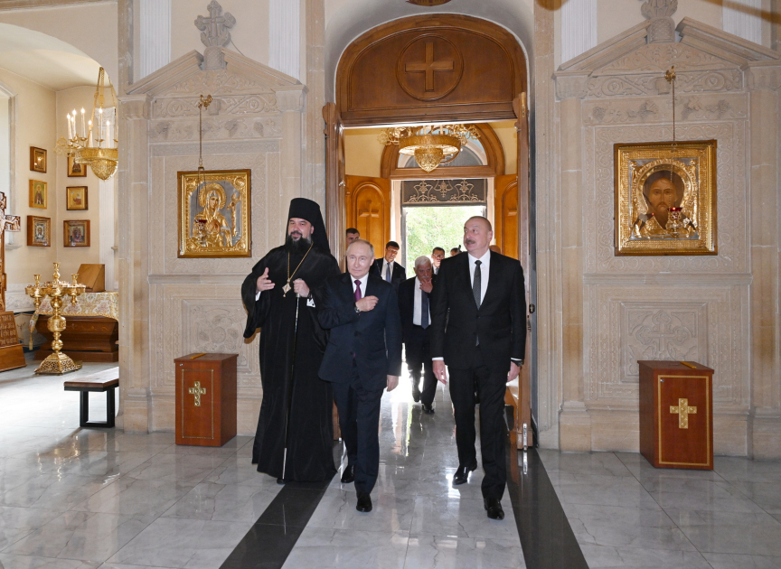 The leaders together visited the Cathedral of the Holy Myrrh-Bearing Women. Photo: AzerTag. August 19, 2024.