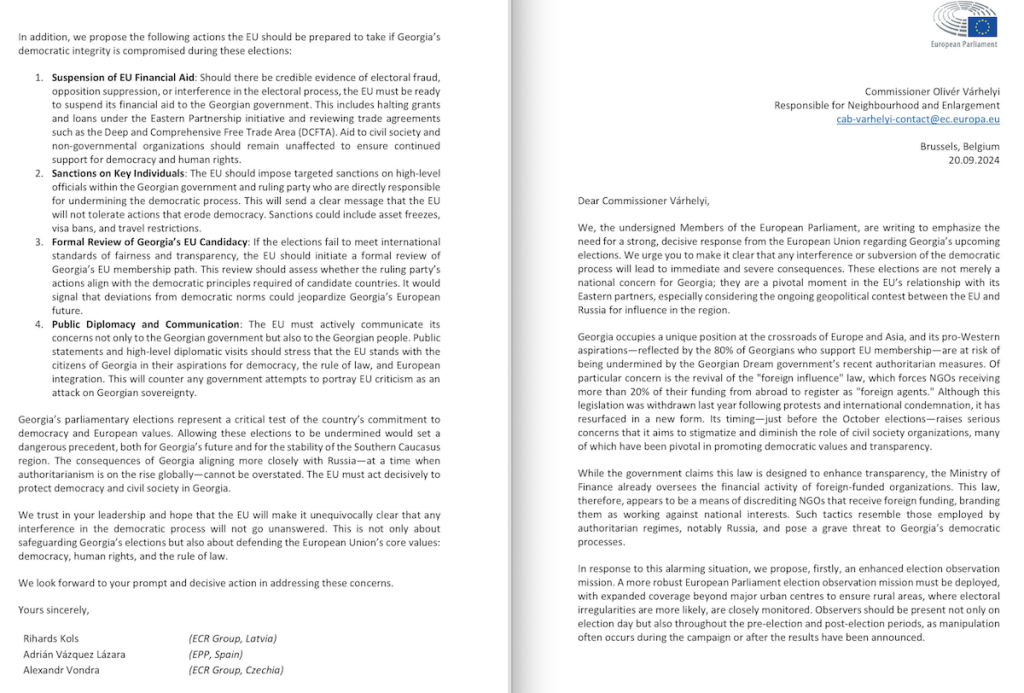 European Parliamentarians' letter on Georgia elections