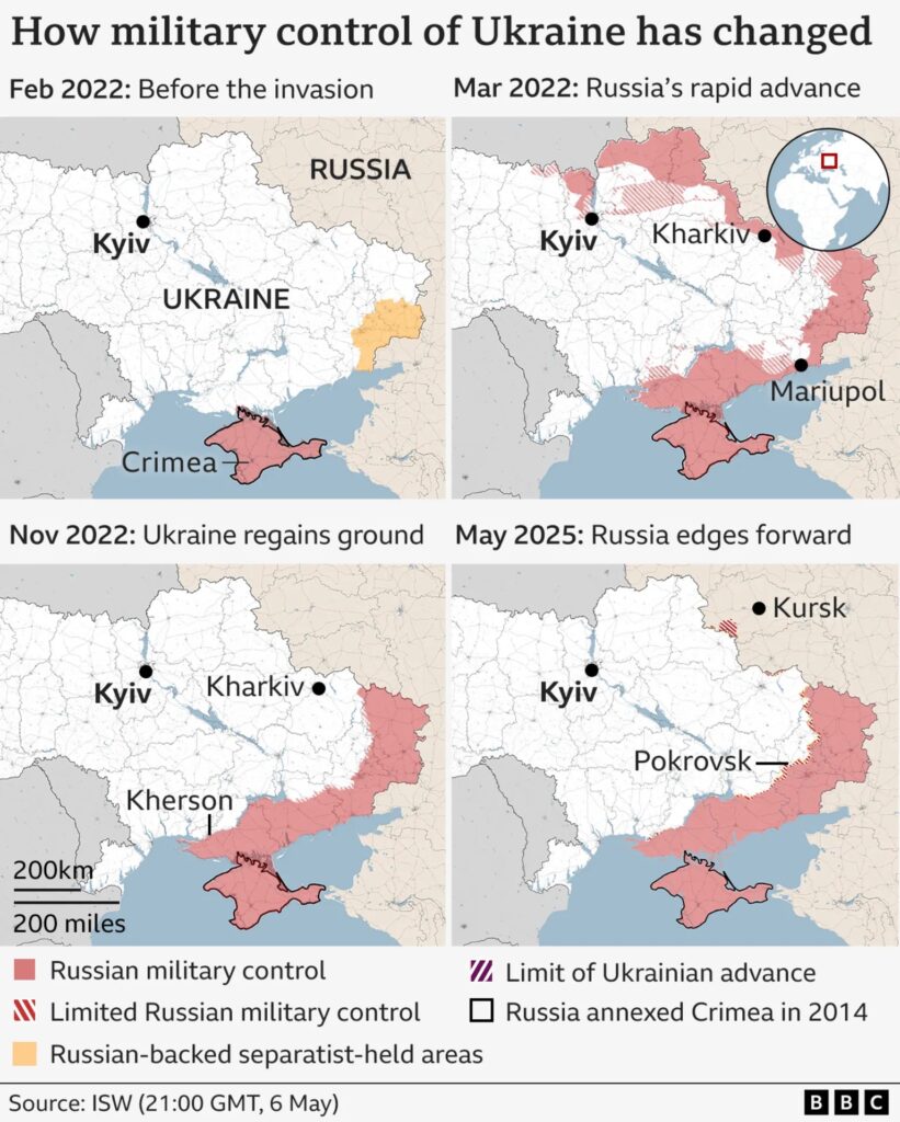 Как менялась линия фронта с февраля 2022 по май 2025 - в четырех фото-картах BBC