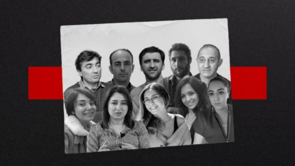 Meydan TV-affiliated journalists and media workers — top row, left to right: Ulvi Tahirli, Shamshad Aghayev, Ramin Jabrayilzade, Nurlan Gahramanli, Natig Javadli; bottom row, left to right: Khayala Aghayeva, Aynur Ganbarova, Aysel Umudova, Aytaj Ahmadova, Fatima Movlamli. | Photo: Meydan TV