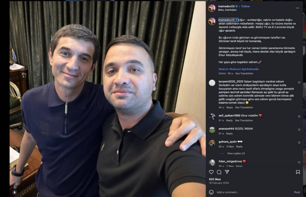"Baku TV"-nin təsisçisi Orxan Məmmədov (sağda) və kanalı kurasiya edən Elnur Abdullayev (solda) bir arada. Orxan Məmmədov paylaşdığı postda kanalın uğurunda Elnurun böyük rolunu qeyd edir - Azərbaycanda hökümətin qara yaxanları