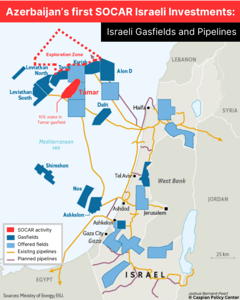 Xəritədə SOCAR-ın pay aldığı Tamar qaz yatağı və kəşfiyyat aparacağı Zone I ərazisi göstərilir. mənbə: Caspian Policy Center - Azərbaycan-İsrail münasibətləri