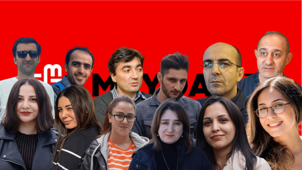 “Meydan TV işi” üzrə məhkəmə - “Meydan TV işi” çərçivəsində həbs edilənlər
Aşağı sıra: Ülviyyə Əli, Xəyalə Ağayeva, Fatimə Mövlamlı, Aynur Elgünəş, Aytac Taqdıq, Aysel Umudova
Yuxarı sıra: Ramin Deko, Əhməd Muxtar, Ülvi Tahirli, Nurlan Libre, Şəmşad Ağa, Natiq Cavadlı